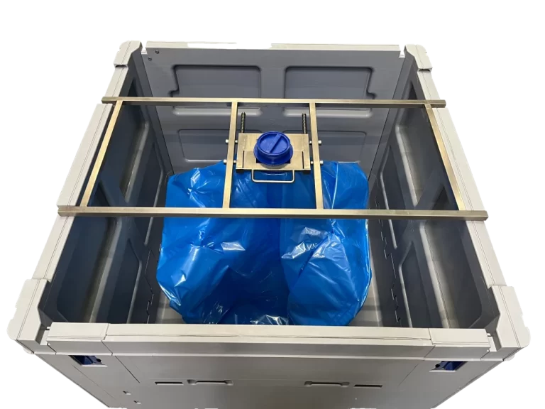 Châssis et système de remplissage avec sac installé dans le conteneur – vue de dessus.