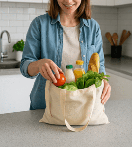 Femme emballant des légumes frais – illustration du secteur alimentaire desservi par PicPackagic avec ses sachets en film adaptés au contact alimentaire.